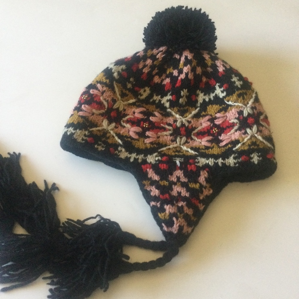 FRENCH KNOT SEDONA TRAPPER WOOL HAT w/ TASSEL TIES FLEECE LINED PINK BLACK NWOT